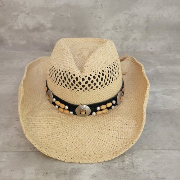 Bullhide Straw Cowboy Hat Womens Small Leather Beaded Concho Band Western Rodeo - Picture 10 of 15